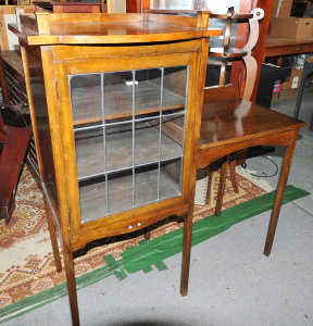 Lot 001 - 1920s Arts n Crafts Gramophone Stand w Glazed Record Cabinet Attached