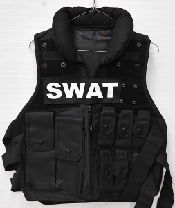 Lot 013 - Black tactical style vest w velcro SWAT front and back patches