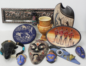 Lot 018 - Box lot of Mixed inc Tribal Masks, Egyptian Pot, Copper Indian wall ha