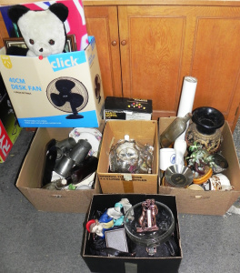 Lot 034 - 5 x Boxes plus Mixed inc Figures, Framed Pictures, Metal Ware, Ceramic
