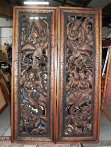 Lot 041 - Pair of Thai hand carved teak wall panels ft Kinnari figures - 200cm H