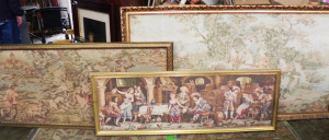 Lot 044 - 3 x vintage gilt framed tapestries depicting classical tavern and past