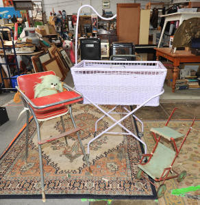 Lot 045 - Group lot - Vintage Kids items - old fold up Stroller, soft Toy Dog, H