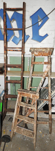Lot 048 - 3 x Vintage Step Ladders incl 2 x Wooden Ladders & A Medal Ladder