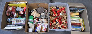 Lot 053 - 4 x Boxes of Mixed Goods incl Wooden Knobs, Mixed Books, Mixed Toys e