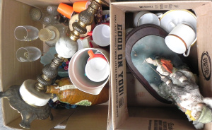 Lot 060 - Large mixed vintage lot of 2 boxes inc Copperware Aust figurine, salt