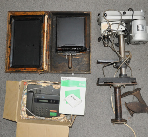 Lot 066 - Mixed group inc Ryobi 205mm Drill Press w mounting stand (85cm H), lat