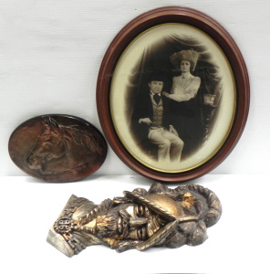 Lot 067 - 3 wall decorations inc gilt resin bust of a conquistador, plaster reli