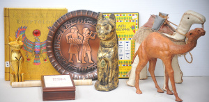 Lot 068 - Box Egyptian themed items HC Egyptology, Fun with Hieroglyphs, Copper