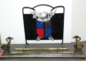 Lot 071 - Vintage wrought iron fire screen w cast iron coat of arms on font + Ed