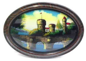 Lot 109 - Vintage c1900 Framed Handpainted Convex Glass panel featuring A Castle