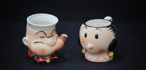 Lot 122 - 1980s Japanese Ceramic Popeye & Olive character mugs 11cm H