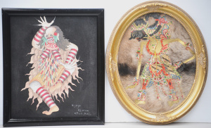 Lot 129 - 2 x Framed Indonesian paintings - unusual Wayang Puppet on Goat Hide b