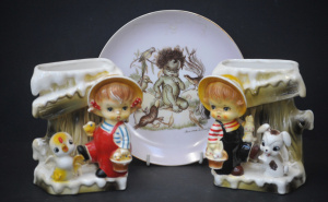 Lot 147 - 3 pces Vintage inc Pair Japanese Spill Vases Girl & Boy with Chick