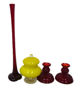 Lot 180 - Group lot - Retro Coloured Glass - Bright Yellow Lidded jar on clear p
