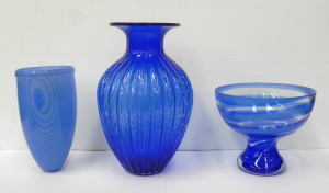 Lot 185 - 3 pieces of blue Art Glass inc stemmed bowl, 2 x vases inc inverted co