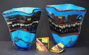 Lot 192 - Pair Czech Rikaro Art Glass Vases Blue with earth tone pattern, wavey