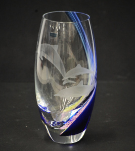 Lot 194 - Caithness Scotland Glass Vase - Engraved Dolphins with Blue Pink &