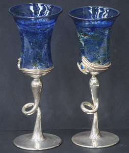 Lot 206 - Pair of signed Art Glass and Sterling Silver wine goblets by David Bar