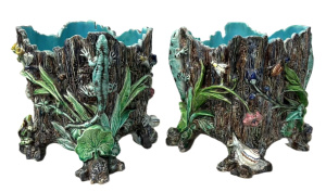 Lot 212 - Pair 19thC Hugo Lonitz (Germany) majolica naturalist square Jardiniere