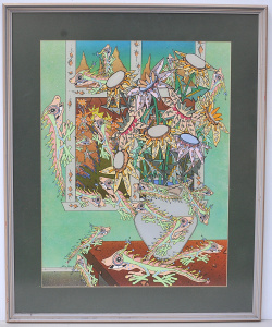 Kerri Stokes (Active c1980 -90s) Large framed Gouache - Sunflowers & Lizards