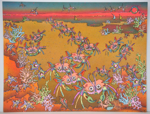 Kerri Stokes (Active c1980 -90s) Large unframed Gouache - Invasion of The Crabs
