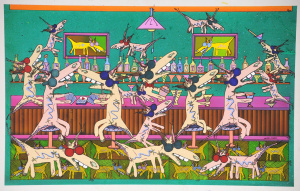 Kerri Stokes (Active c1980 -90s) Unframed Gouache - Bar Dogs - signed lower righ