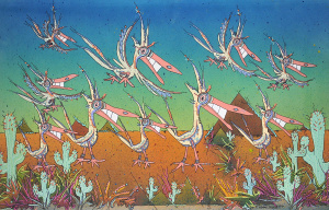 Kerri Stokes (Active c1980 -90s) Unframed Gouache - Pelicans & Pyramids - si