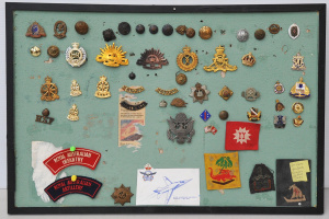 Pinboard with Vintage Assorted Military & School Badges, Patches & Pins