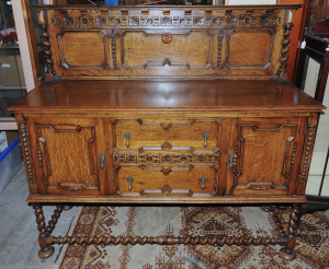 Lot 003 - Vintage c1930s Silky Oak Tudor style Sideboard - barley twist legs &am