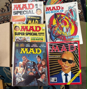 Lot 019 - Box lge qty1970s+ Mad US & Australian comics, Magazines, super spe