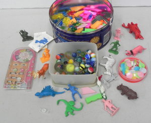 Lot 037 - Group of vintage toys inc marbles, geometric muzzle game, animals and