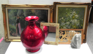 Lot 053 - Group of decorative goods inc Greek mirror backed carved blondwood tra