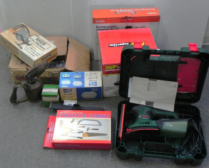 Lot 057 - Group of tools & hardware inc Bosch sander wcase, boxed MVP Superl