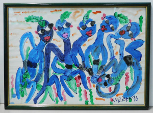 Lot 092 - Aloi Pilioko (1953 - ) Framed Watercolour - 6 Blue Figures - signed &a