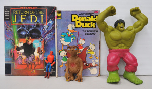 Lot 124 - Group vintage comics and toys inc Toys Hulk Rage Cage expandable figur
