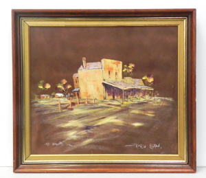 Lot 128 - James Egan (1929 - 2017) Framed Oil Painting on Leather - Old Shops, V