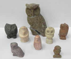 Lot 132 - Group of caved stone owls inc alabaster, soap stone, sand stone, grani
