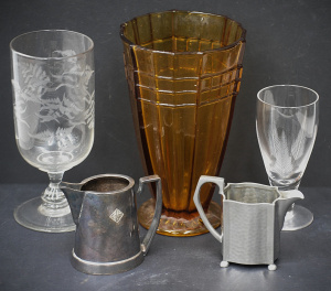 Lot 140 - Mixed Group lot inc Victorian Etched celery glass, Art Deco Amber glas