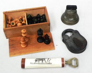 Lot 156 - Mixed Group vintage inc Brass Bell, Padlock, Non Composite & woode