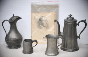 Lot 157 - Mixed Group lot inc Vintage Pewter Coffee pot with classical panelled