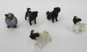 Lot 163 - 4 x hand blown art glass pug figurines + iridescent hand blown glass o