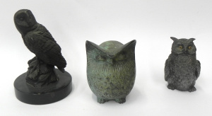 Lot 181 - 3 metal owl figurines inc oriental bronze, pewter etc - tallest 15cm H