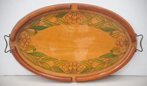 Lot 183 - Vintage Arts & Crafts Oval Wooden Tray - hand painted Gum Nuts &a