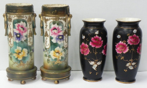 Lot 187 - 2 pairs of Edwardian Ceramic Vases inc Japanese Hand painted cylinder