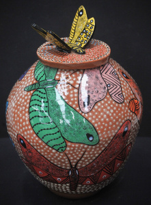 Lot 190 - Large Australian Pottery lidded jar with Indigenous design, signed D B
