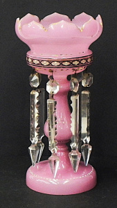 Lot 212 - Victorian Pink glass Lustre - 7 Crystal prisms - hand detailed border
