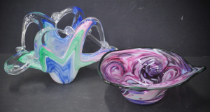 2 pces Art Glass inc Murana Fan shaped basket with multi colour swirls 13cm H &a