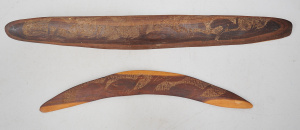 2 pces Carved Abiriginal wooden items inc Boomerang & Narrow Shield carved w
