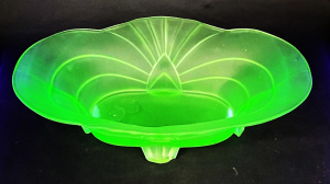 Art Deco Frosted uranium glass footed Bowl with geometric panels pattern to side